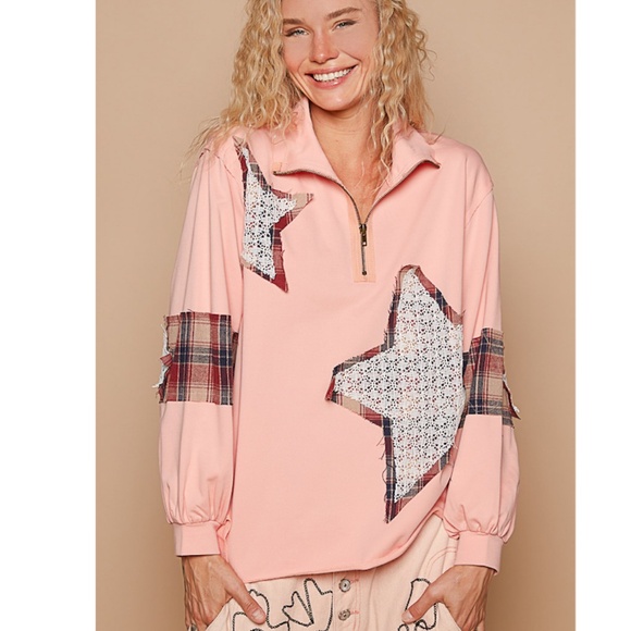 POL Tops - ❄️NWOT POL Pink Star Patchwork Top w/Zip Neck Closure and Balloon Sleeves